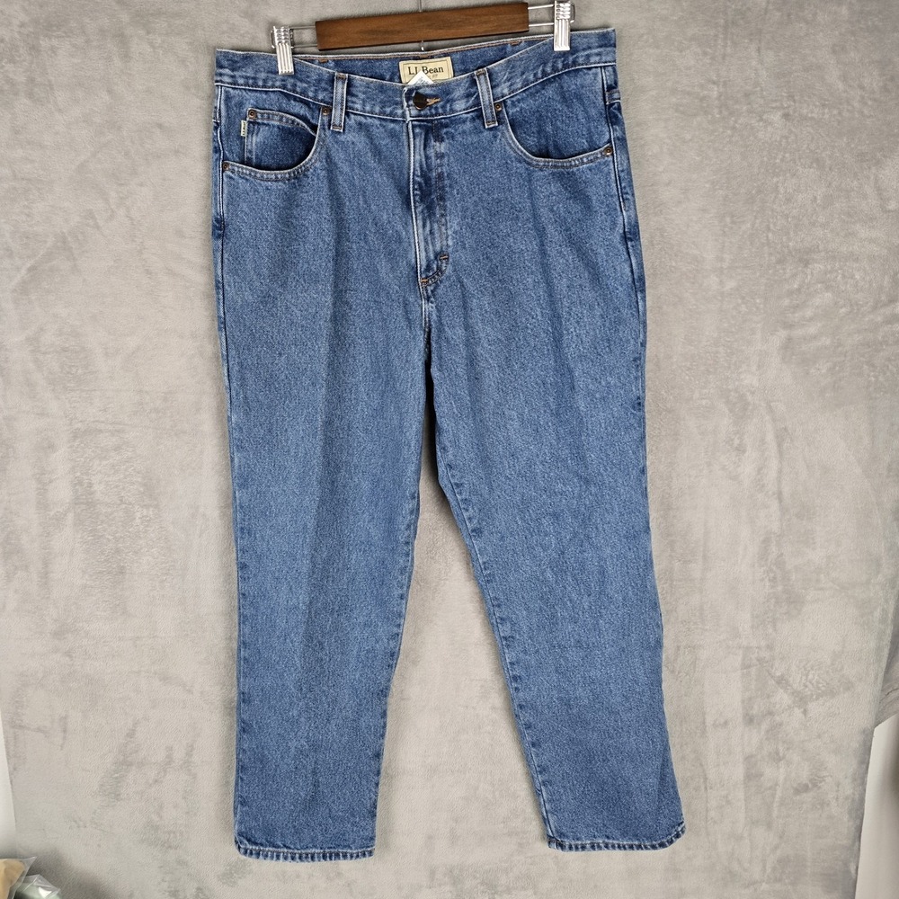 LL Bean Classic Fit Flannel Lined Jeans Mens 35x30 Blue Denim Plaid Lining